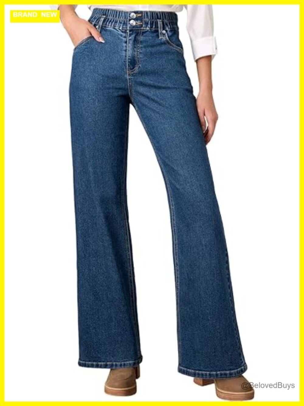 Women's High Waisted Elastic Wide Leg Baggy Straight Leg Jeans